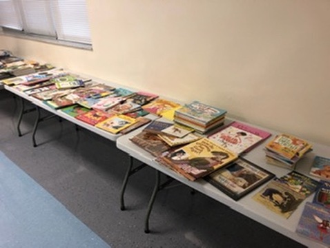 Rows of sorted books ready to go home with kids