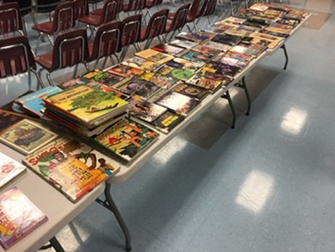 A hallway lined with donated books